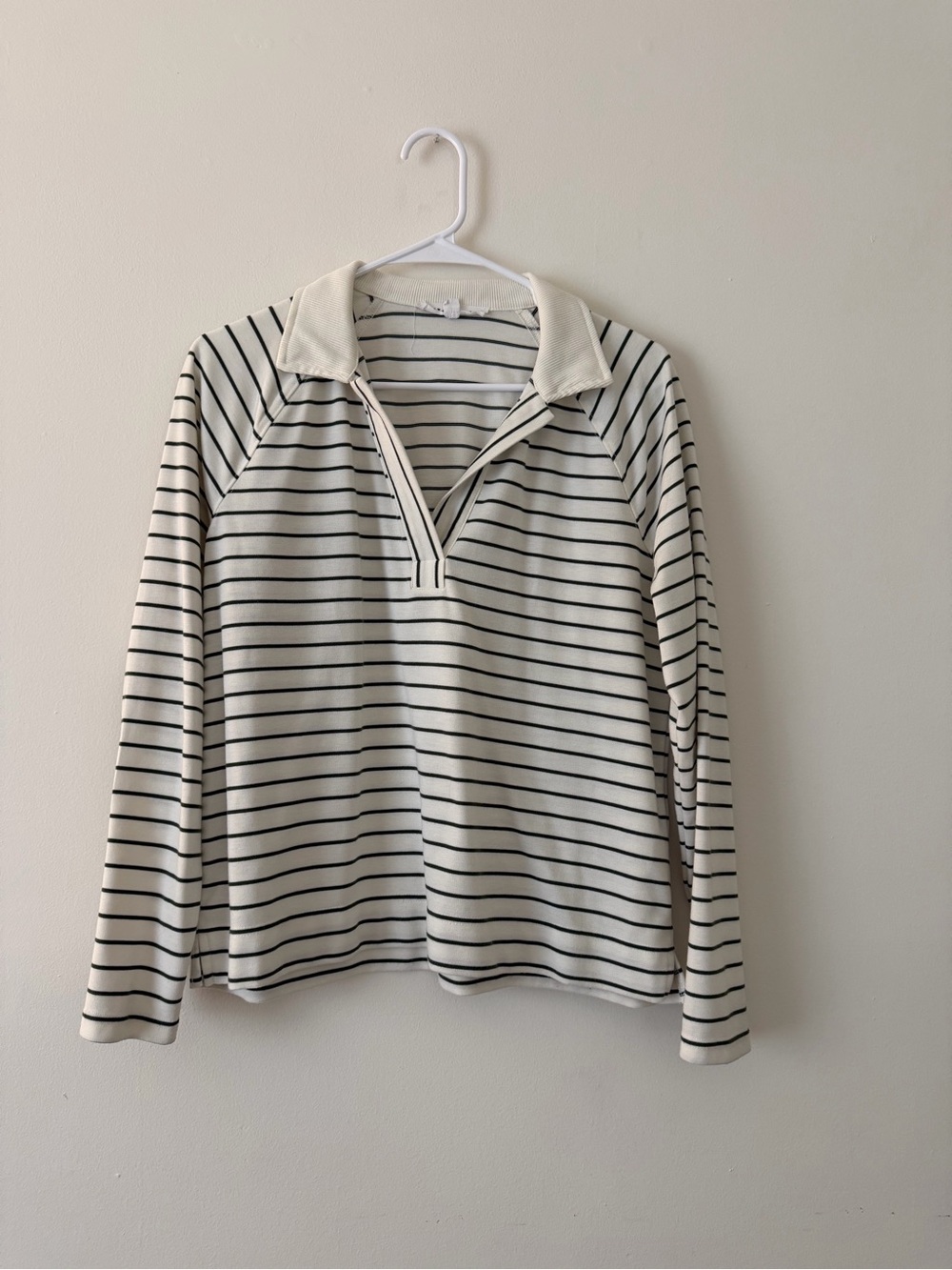 T.J.Maxx Cream and Black Striped Long Sleeve Polo Top